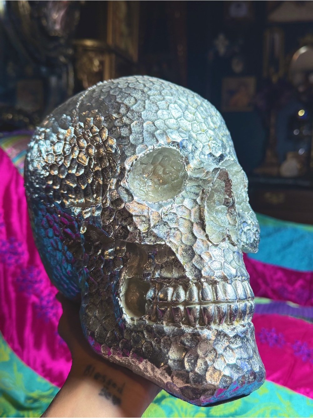 Large Textured Silver Shiny Skull Skeleton Head Halloween Witchy Goth Decor